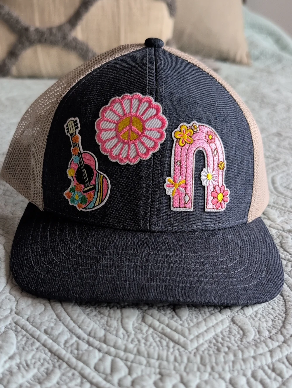 Trucker Hat with Pink Floral Patches